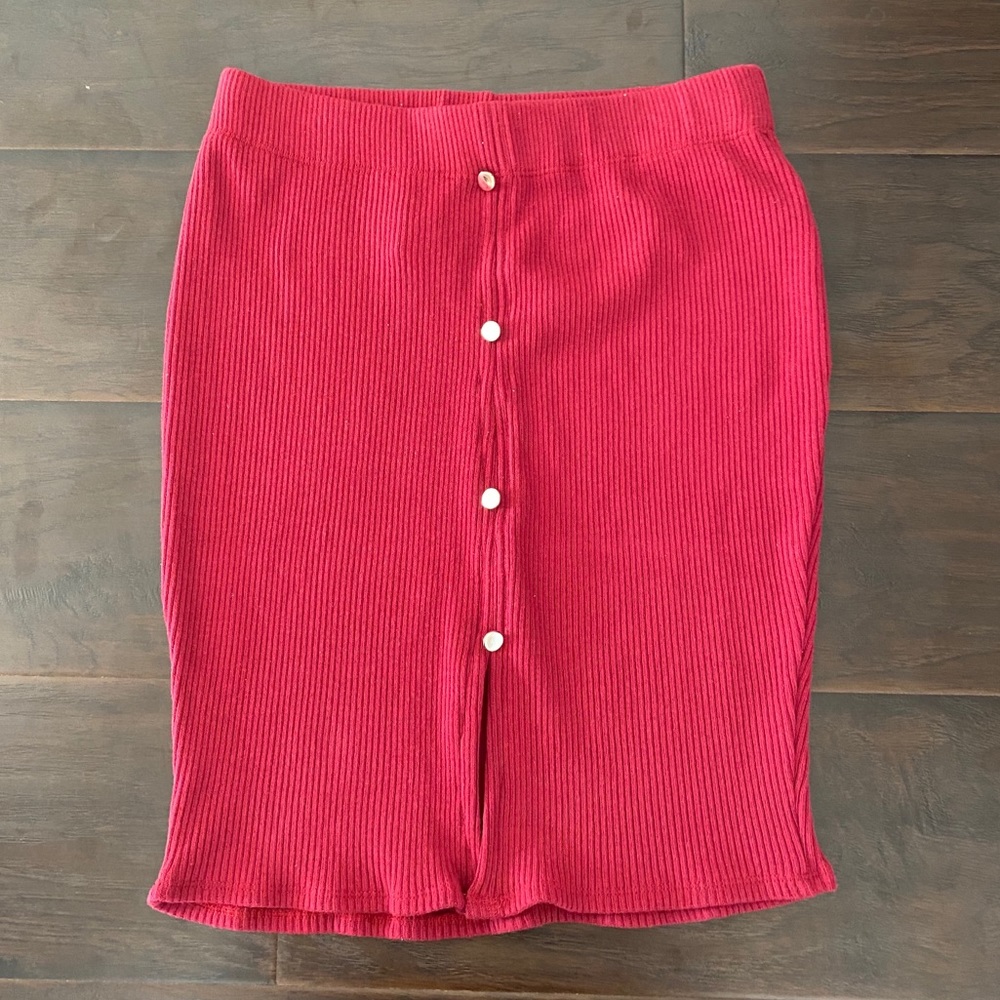 Burgundy Red Ribbed Button Down Midi Skirt